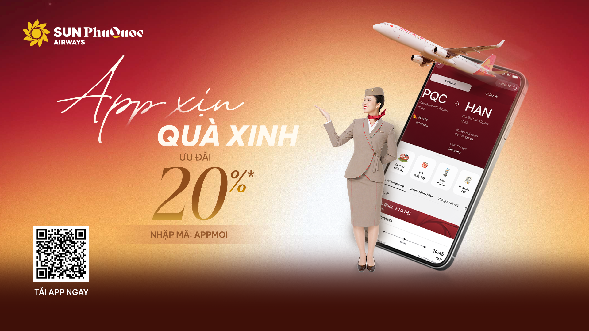 Mua vé trên Sun PhuQuoc Airways App, nhập mã APPMOI nhận ngay ưu đãi 20% giá vé cho mọi chặng bay