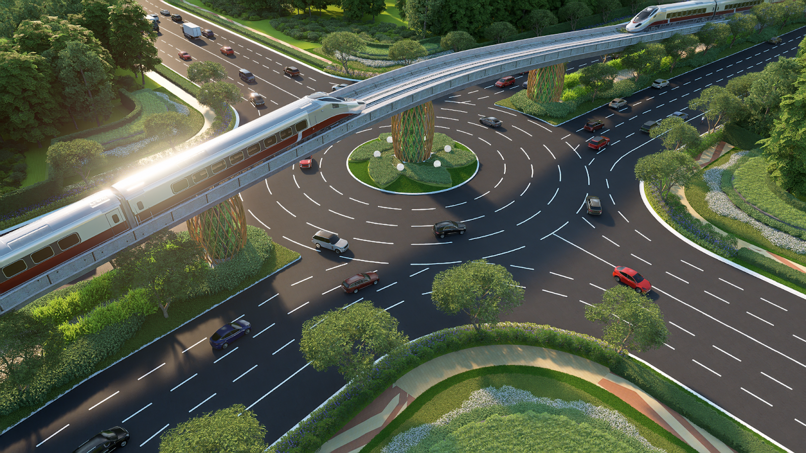 Phối cảnh tuyến tàu điện LRT trên cao đi qua nút giao vòng xuyến.