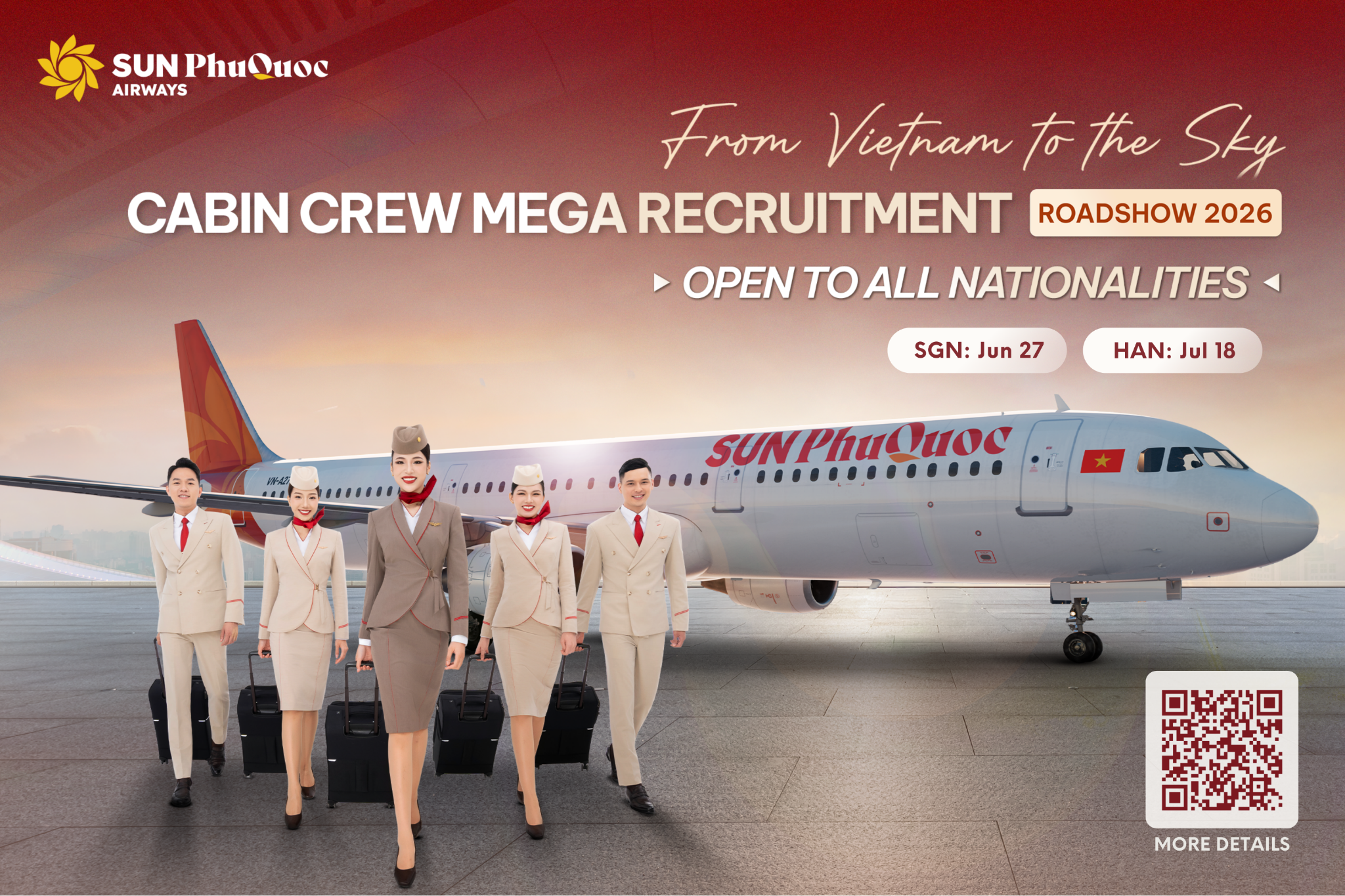 Cabin Crew Mega Recruitment Roadshow 2026 là chiến dịch tuyển dụng tiếp viên hàng không lớn của Sun PhuQuoc Airways.