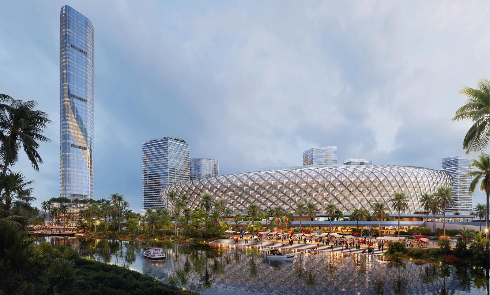 Sân vận động trung tâm được thiết kế với hình ảnh lá dừa nước, có sức chứa 70.000 chỗ ngồi, có mái che cách âm và hệ thống điều hòa nhiệt độ hiện đại