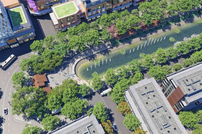 Phối cảnh dự án cải tạo, chỉnh trang, tái thiết công viên hai bên sông Tô Lịch nhìn từ trên cao