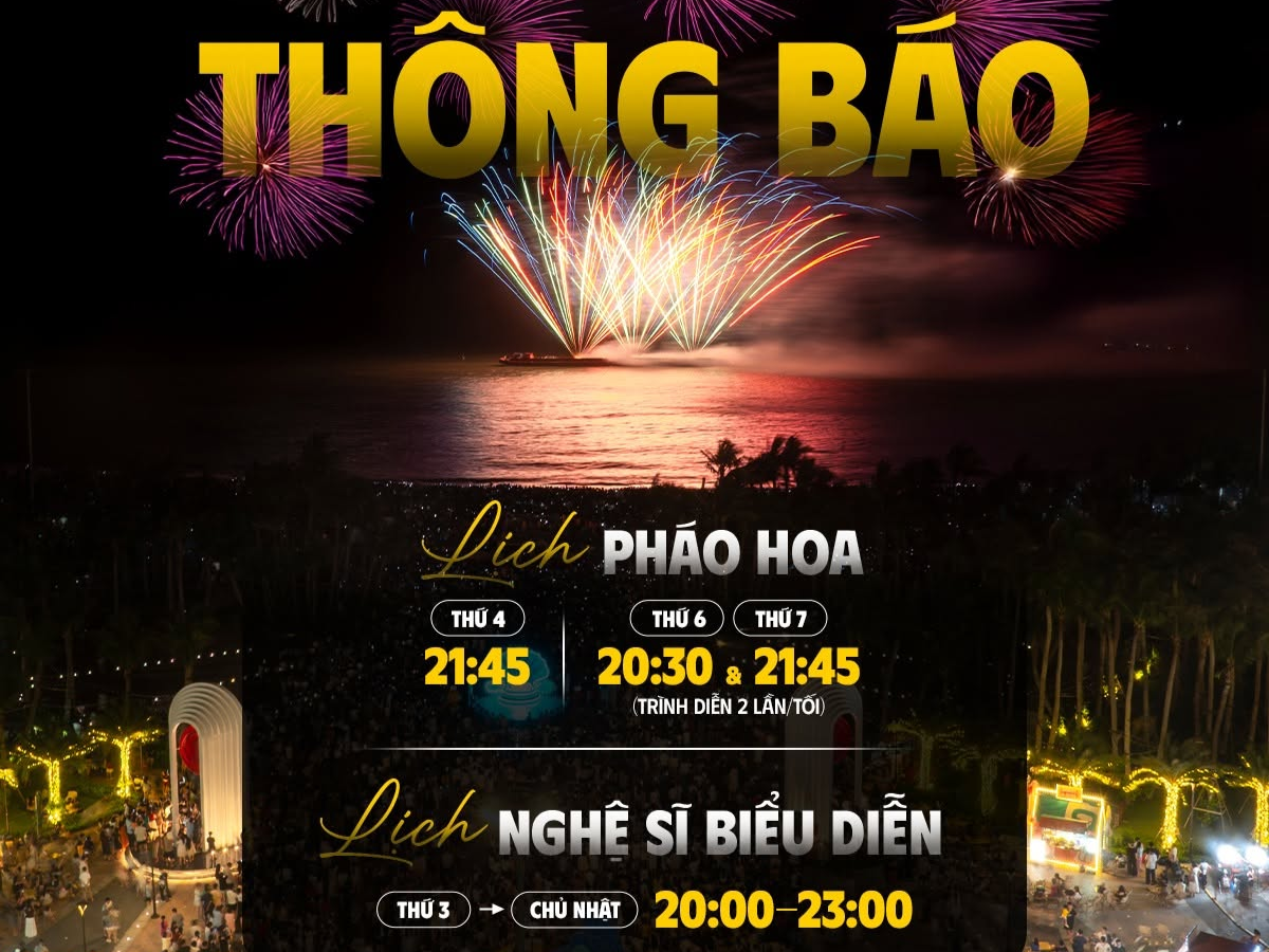 Từ ngày 26/06, chương trình pháo hoa nghệ thuật được tổ chức miễn phí vào tối thứ Sáu và thứ Bảy hằng tuần với 2 khung giờ biểu diễn trong một buổi tối
