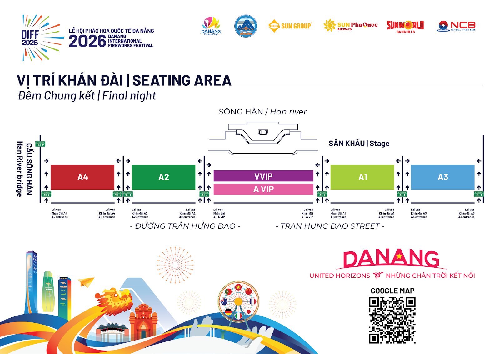 Sơ đồ vị trí chỗ ngồi xem Lễ hội pháo hoa quốc tế Đà Nẵng 2026 (DIFF 2026)