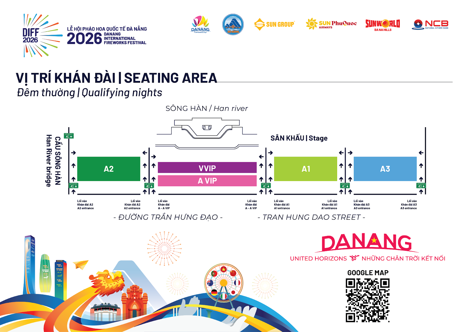 Sơ đồ vị trí chỗ ngồi xem Lễ hội pháo hoa quốc tế Đà Nẵng 2026 (DIFF 2026)