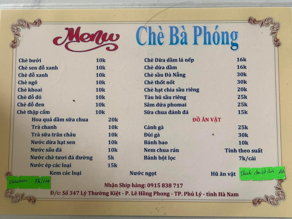 Thực đơn chè Bà Phóng giá rẻ bình dân