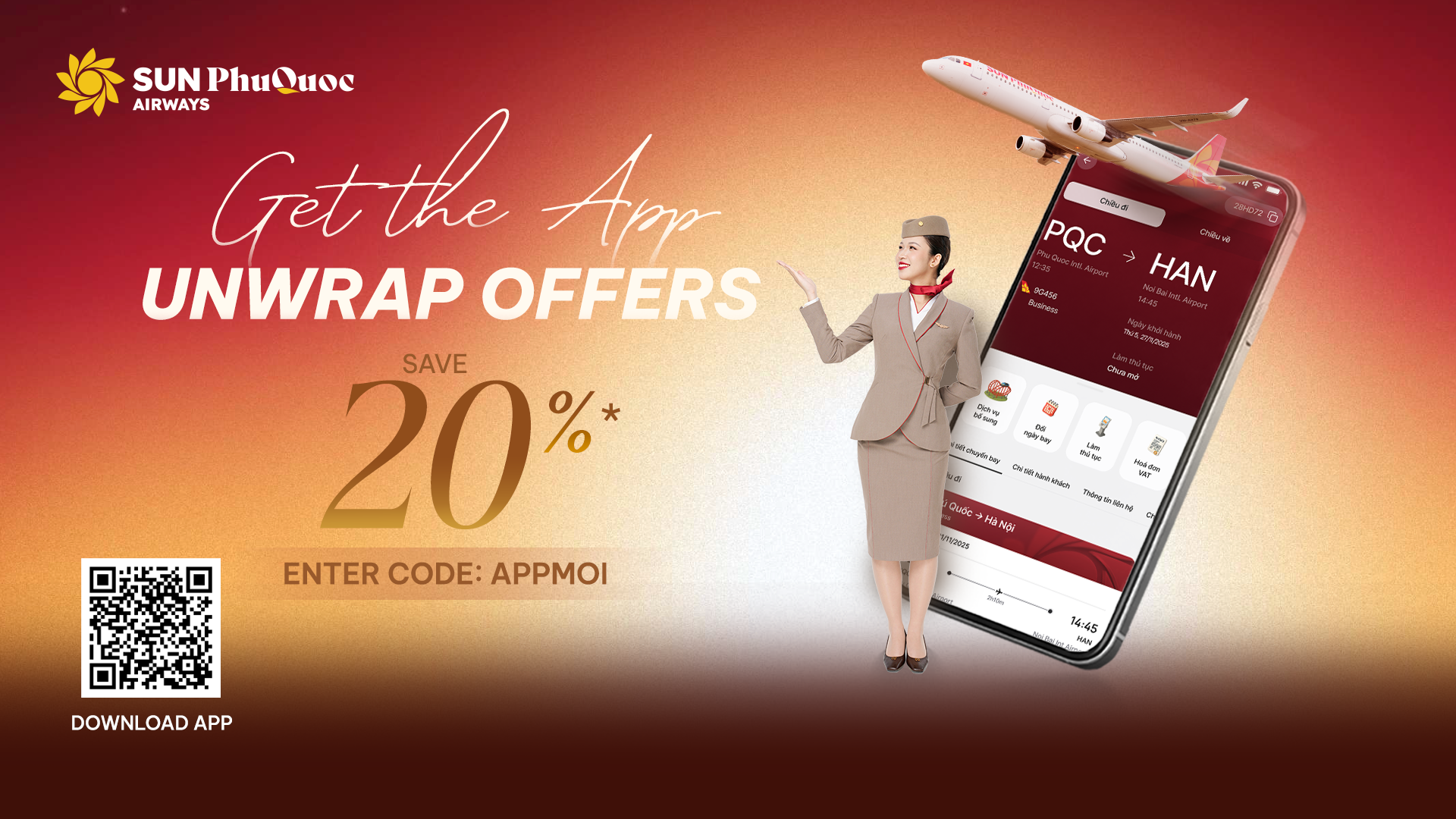 Buy tickets on the Sun Phu Quoc Airways App, enter code APPMOI to immediately receive a 20% discount on ticket prices for all flight routes