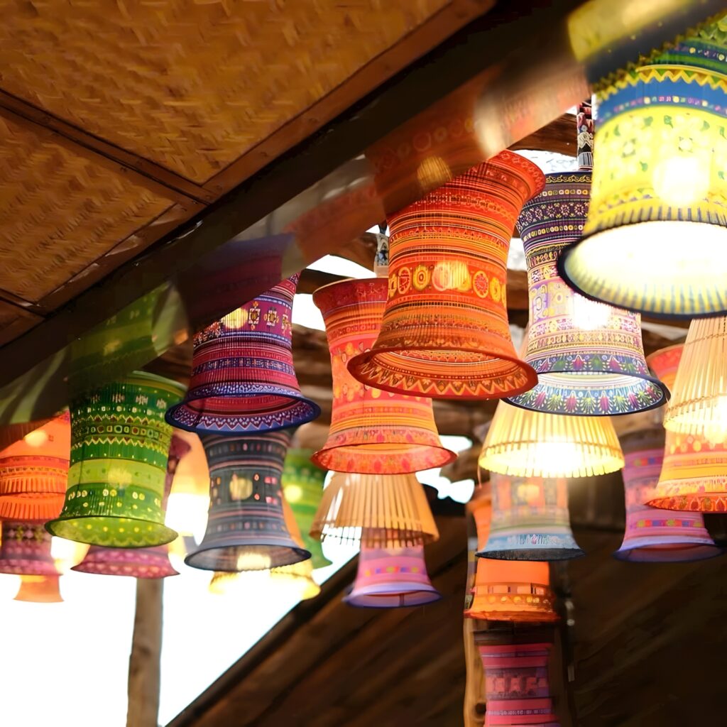 Brocade lanterns make the space vibrant with color.