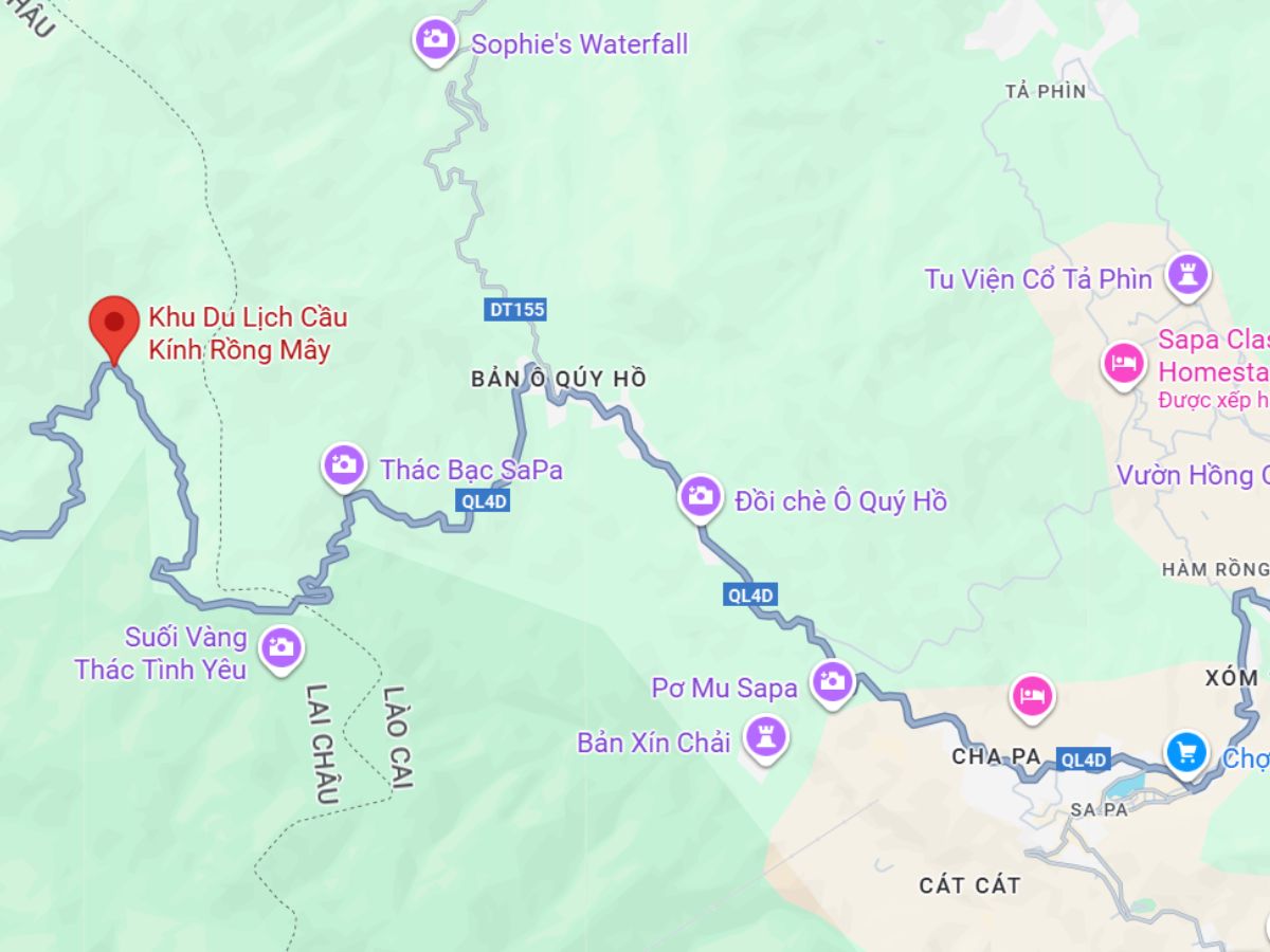 Vị trí của Cầu Kính Rồng Mây ở (Sa Pa) khi nhìn trên bản đồ.