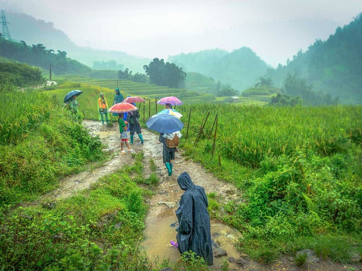Dù mưa gió có làm lối đi trơn trượt nhưng khoảnh khắc ngắm Sa Pa ẩn hiện trong làn sương vẫn khiến ai cũng xao lòng