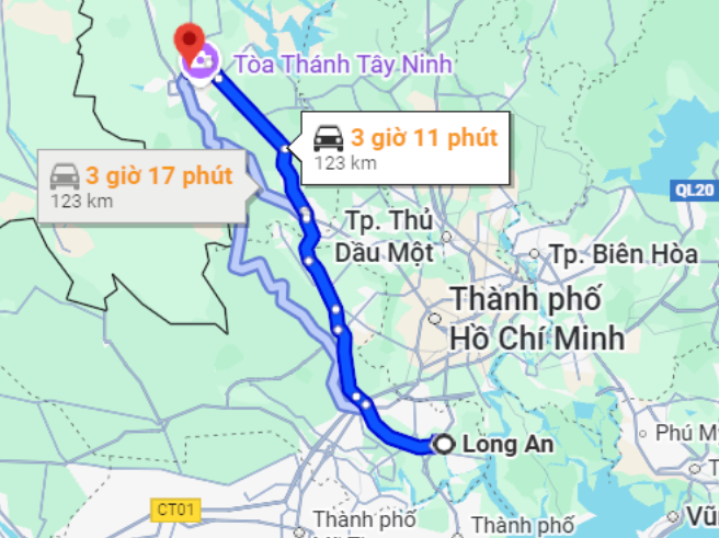 Khoảng cách từ Long An (Tây Ninh) đến Tây Ninh.