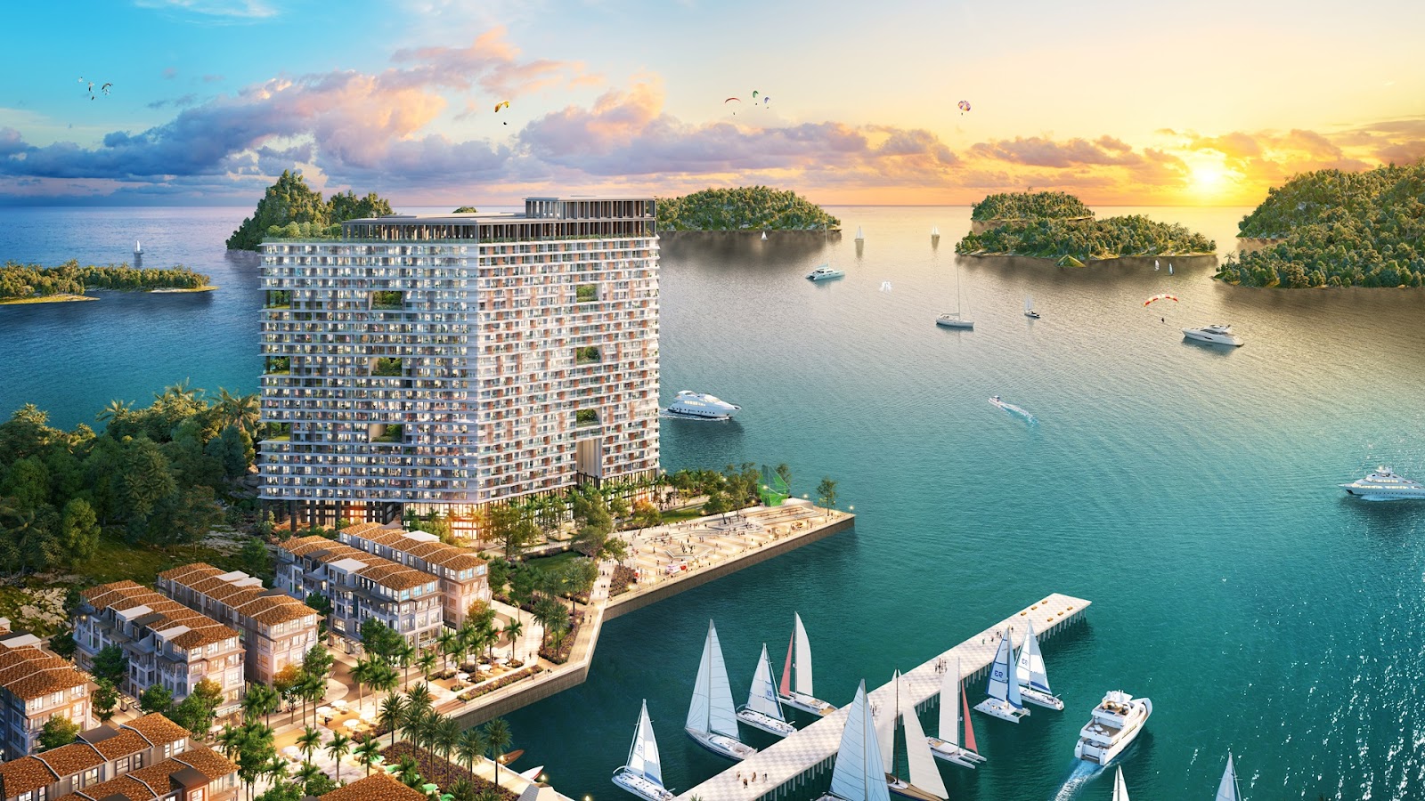 Dự án Thanh Long với 3 mặt hướng biển, vịnh xanh và kề cận bến du thuyền. Ảnh: Sun Property