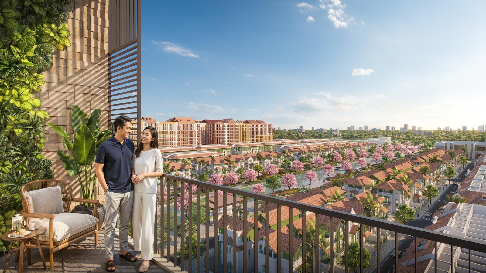 Đại lộ hoa cùng hồ cảnh quan ngay kế cận các tòa cao tầng Park Residence. Ảnh phối cảnh: Sun Property