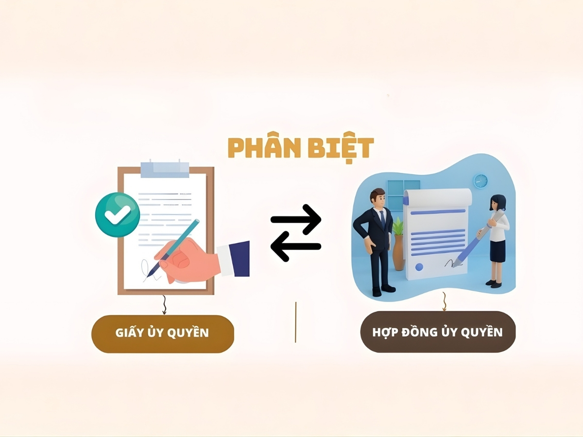 Minh họa phân biệt giấy ủy quyền và hợp đồng ủy quyền rõ ràng.