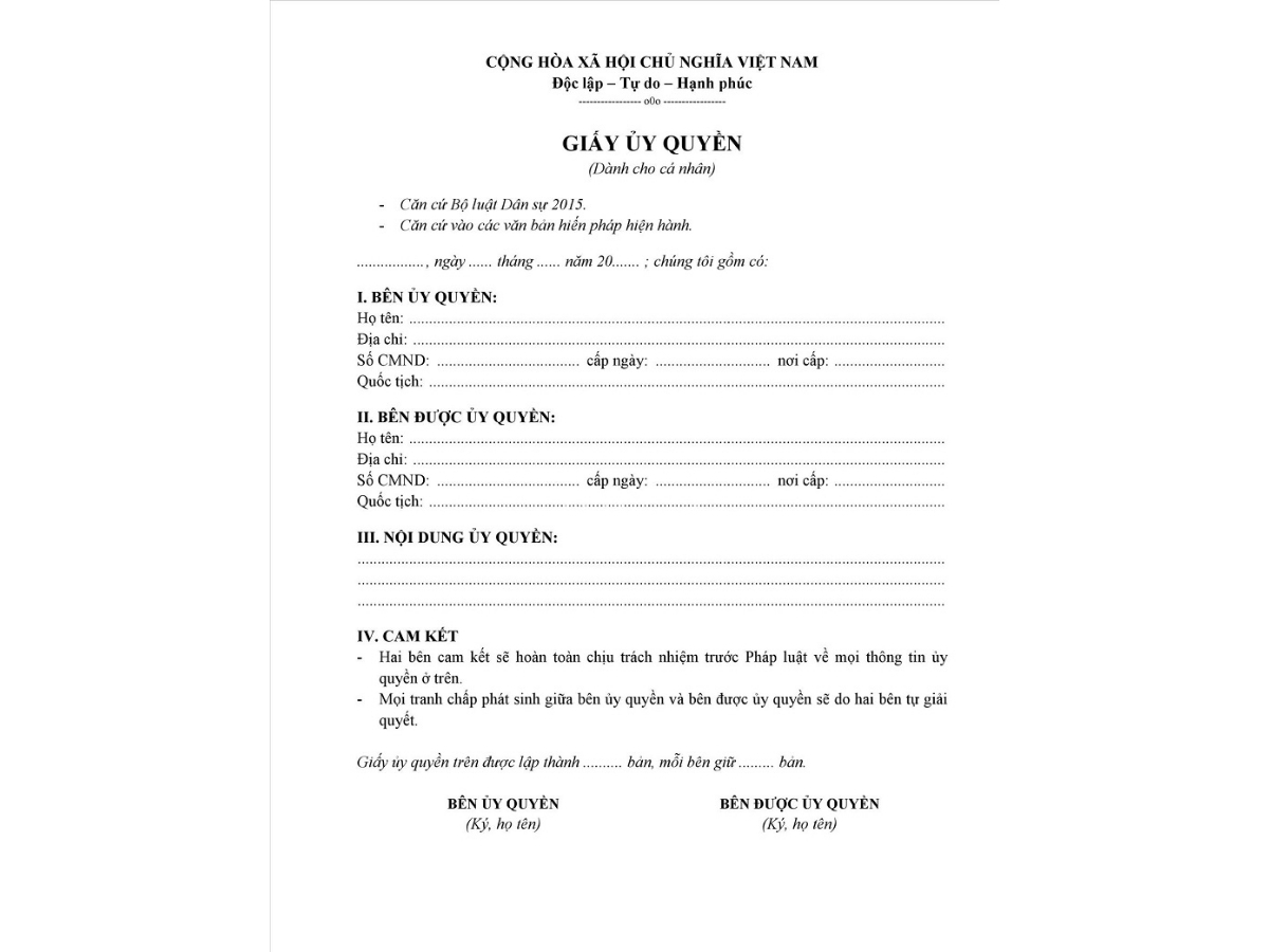 Thông tin bên ủy quyền và được ủy quyền được trình bày rõ theo biểu mẫu quy định.