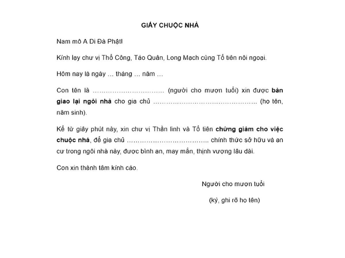 Giấy chuộc nhà cần ghi rõ thông tin cá nhân hai bên mượn tuổi.