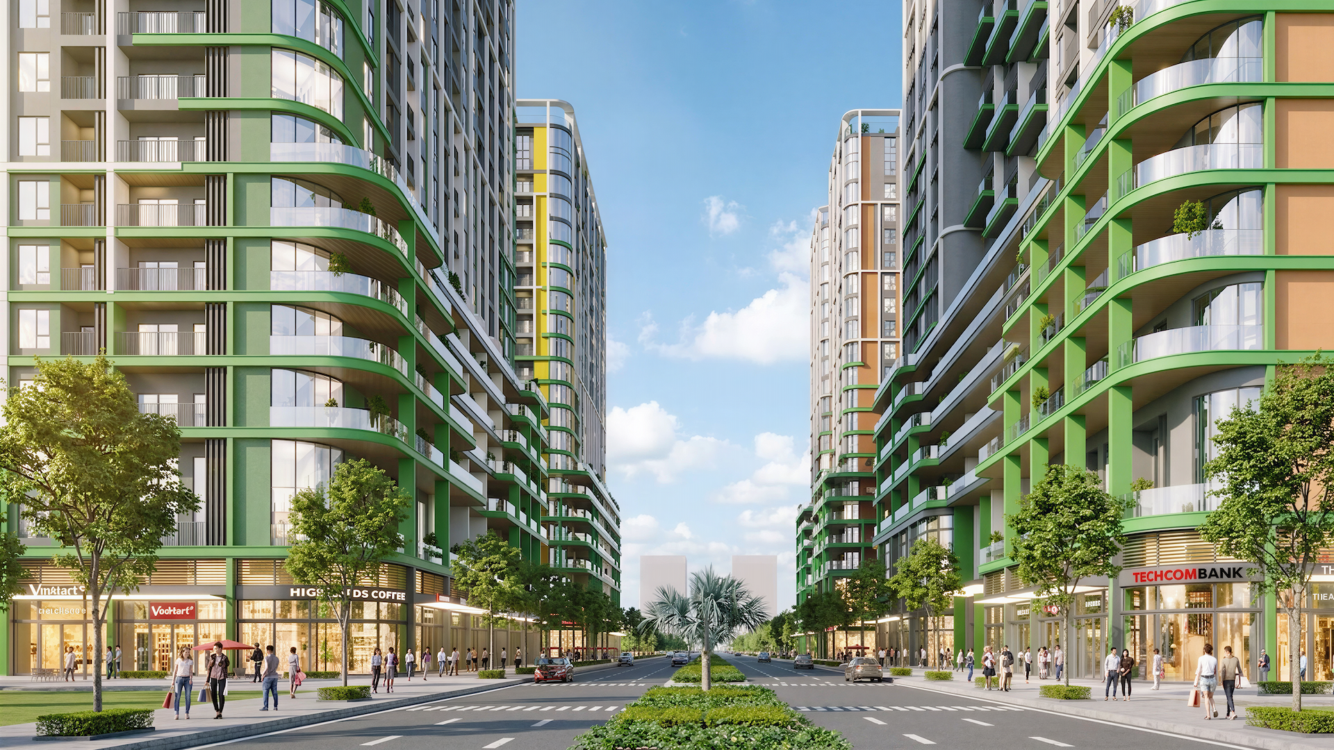 Dãy shophouse khối đế sầm uất, cung cấp “1001 dịch vụ tiện ích”. Ảnh: Sun Property.