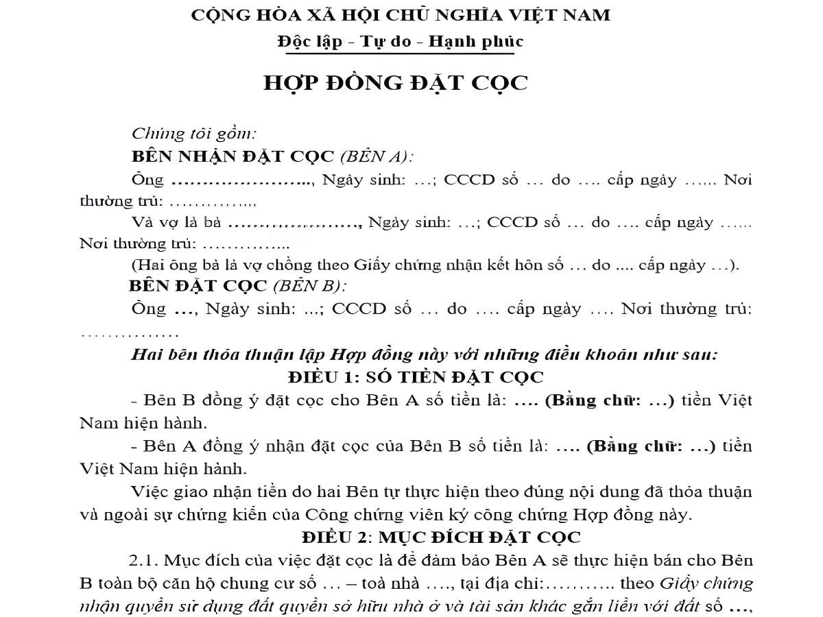 Đặt cọc là biện pháp bảo đảm giao kết hợp đồng theo quy định dân sự.