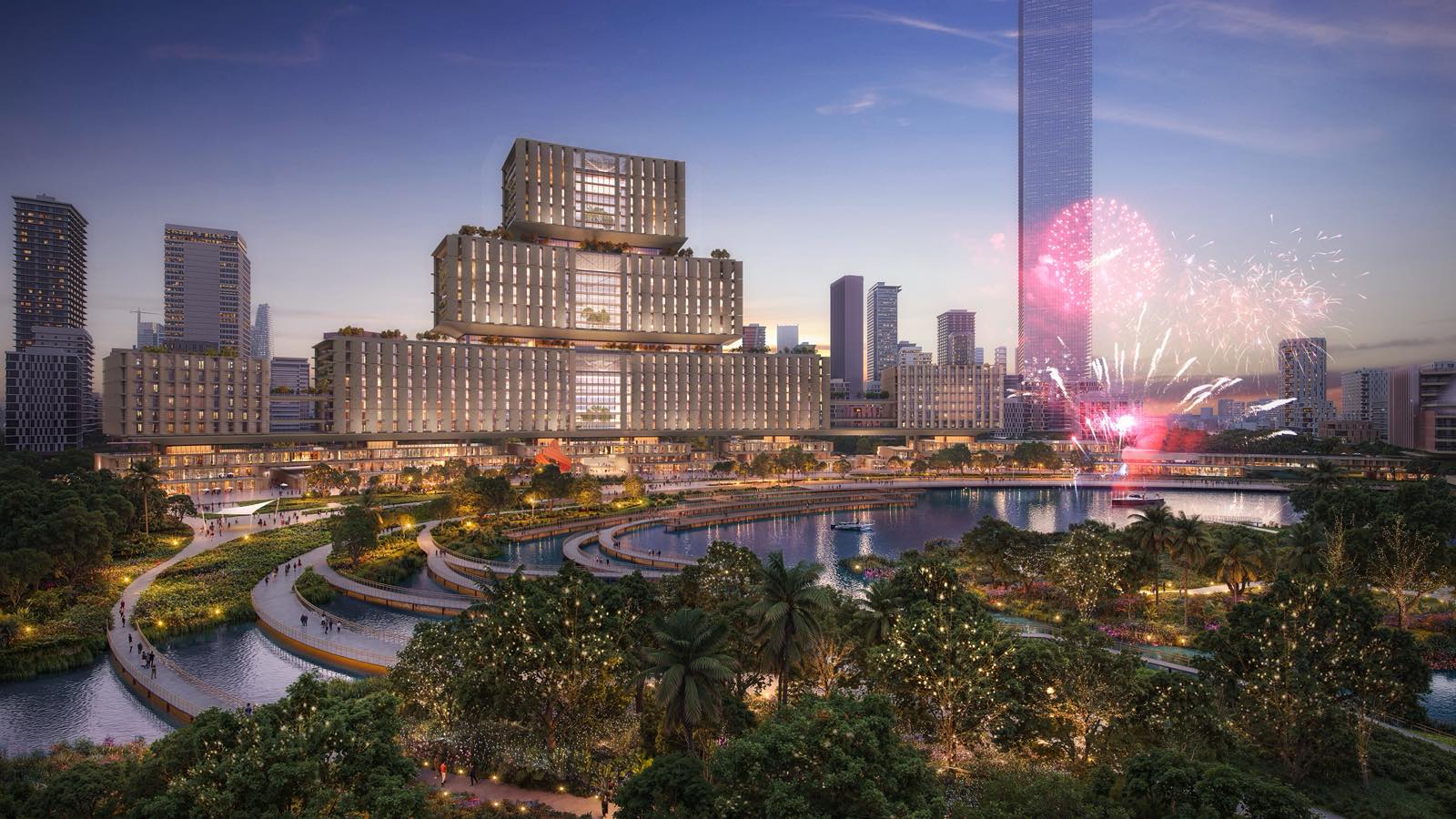 Phối cảnh Trung tâm hành chính với thiết kế lấy cảm hứng từ tiêu ngữ của đất nước: Độc lập - Tự do - Hạnh phúc