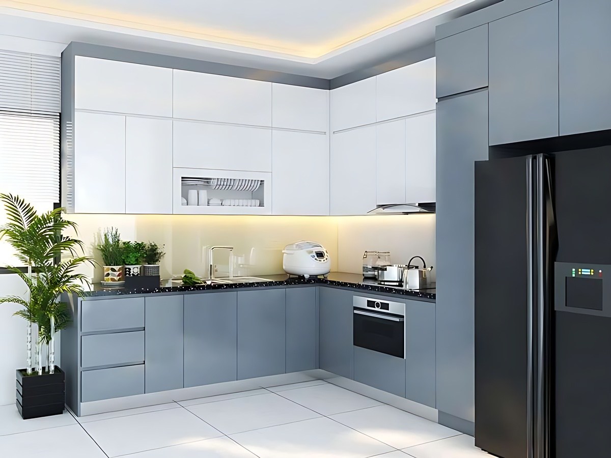 Thiết kế bếp chữ L giúp tối ưu diện tích cho căn hộ.