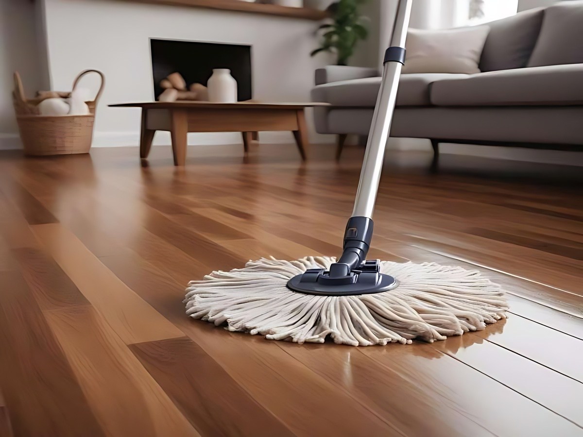 Lau sàn bằng khăn ẩm vắt khô giúp bảo vệ cốt gỗ bền bỉ.