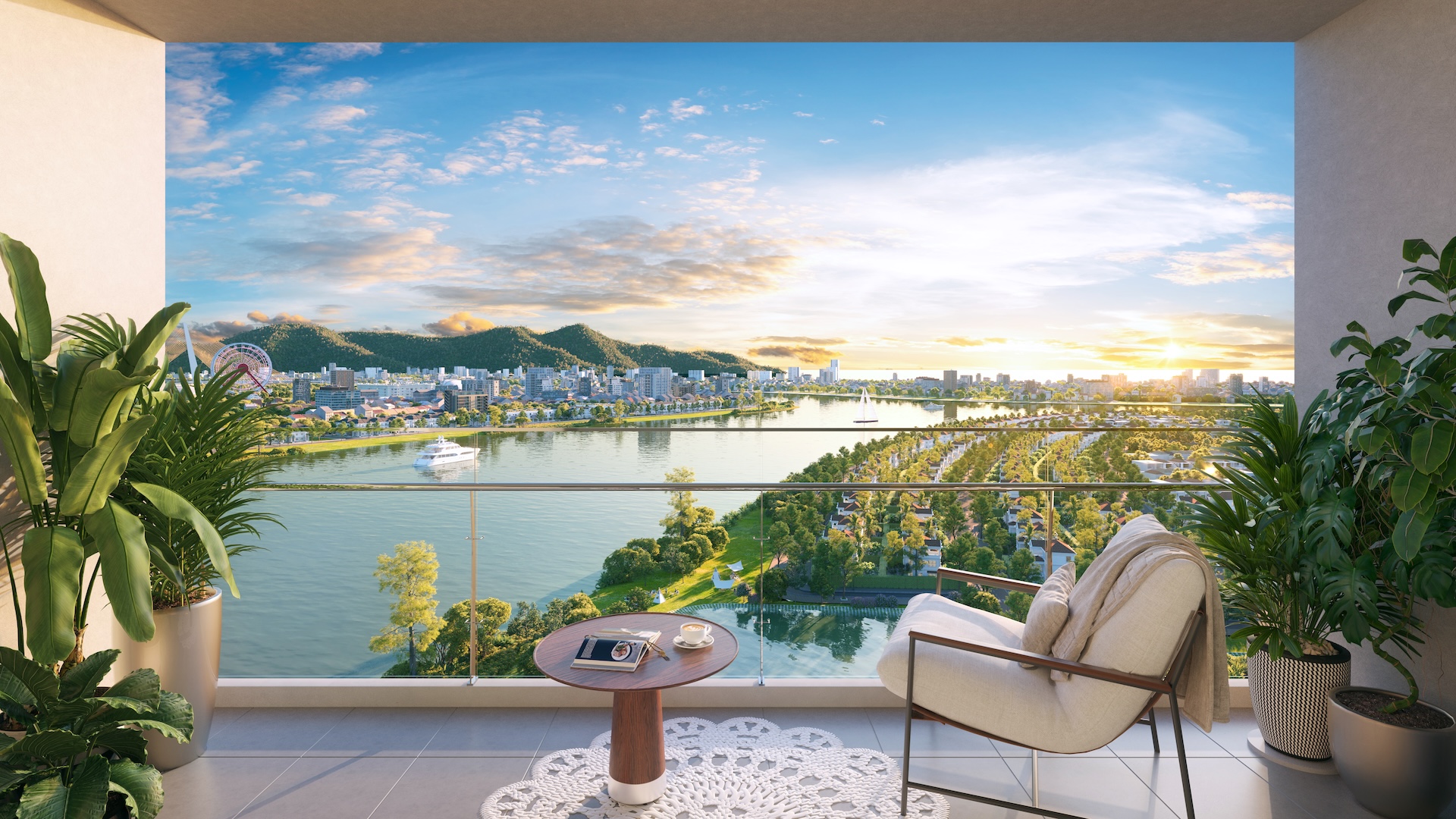 Khung cảnh ngoạn mục thu trọn từ ban công penthouse không chỉ thỏa mãn trải nghiệm sống mà còn bảo chứng cho dư địa tăng giá bền vững. Ảnh: Sun Property.