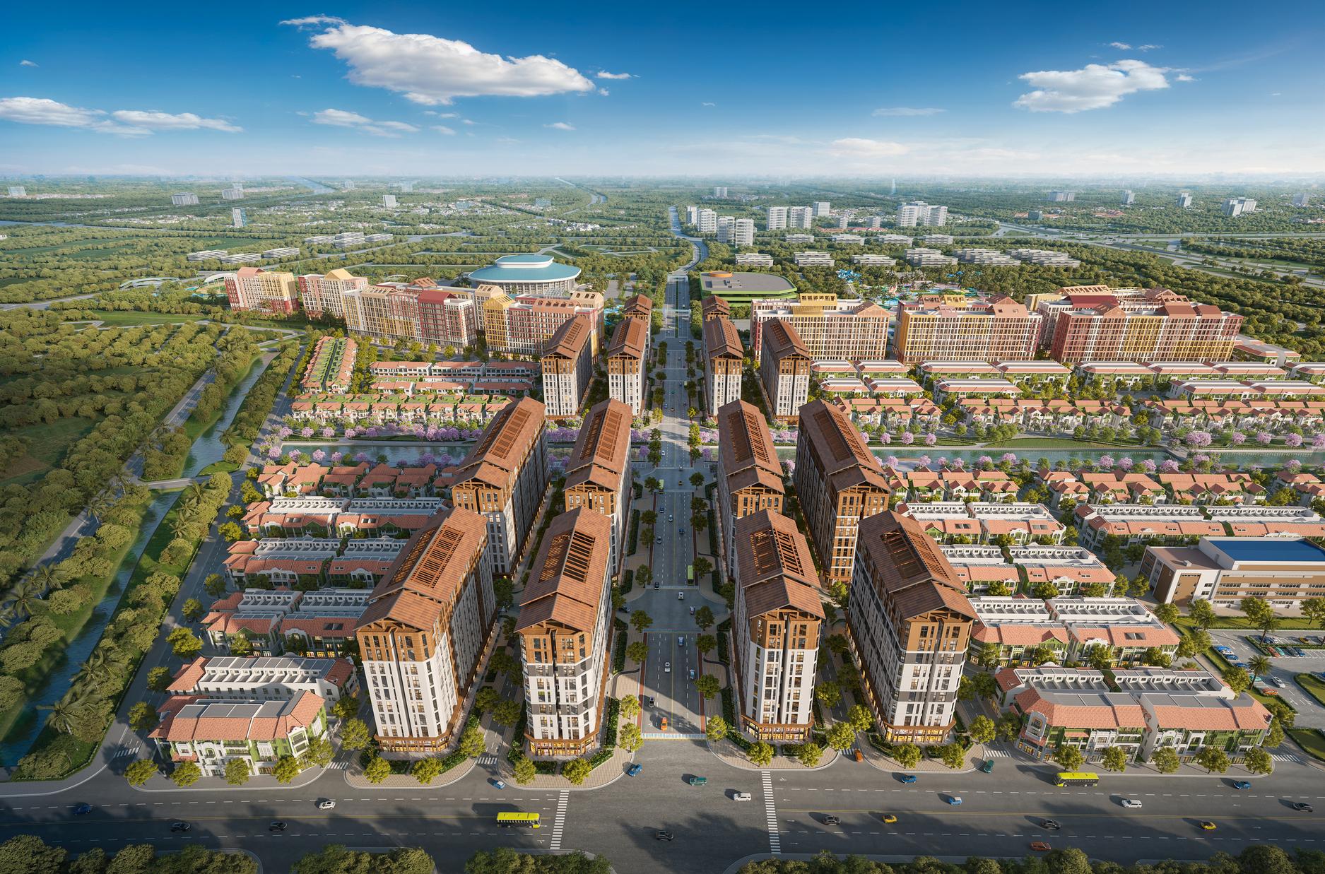 Các tòa căn hộ Park Residence sở hữu vị trí mặt tiền đại lộ, đối diện đại công viên. Ảnh: Sun Property