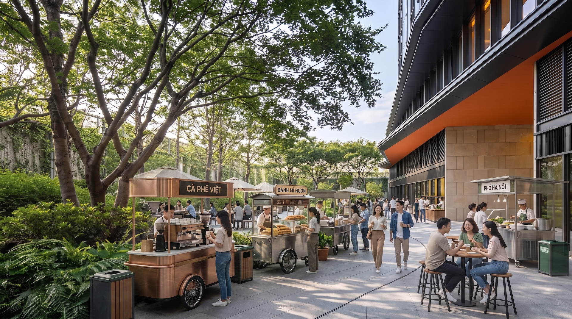 Khu vực café terrace, nơi cư dân gặp gỡ và thưởng thức ẩm thực, đồ uống dưới những tán cây xanh mát. Ảnh: Sun Property.