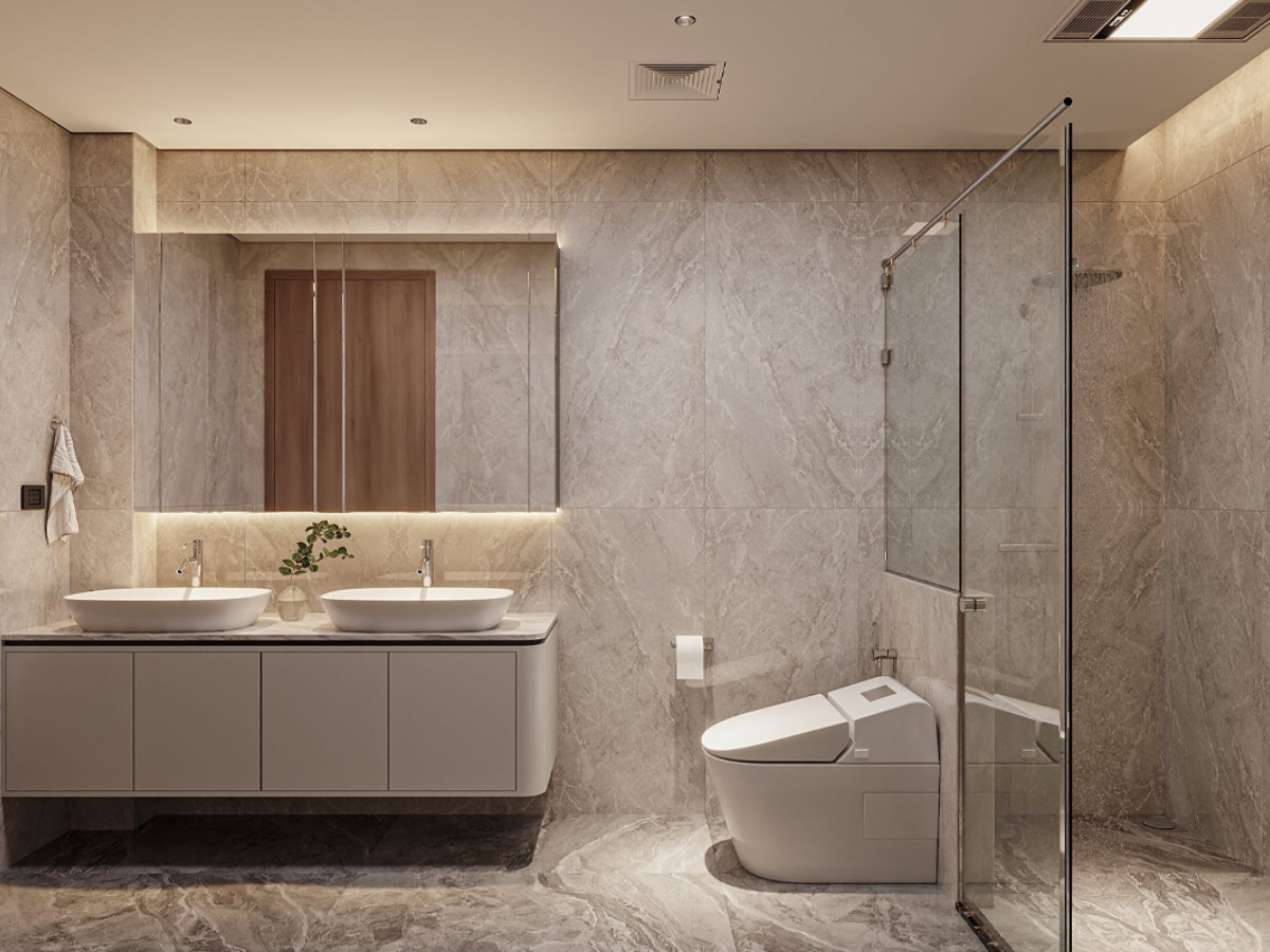 Phân chia khu vực chức năng hợp lý giúp phòng tắm tối ưu công năng, giữ sự gọn gàng và tiện nghi khi sử dụng