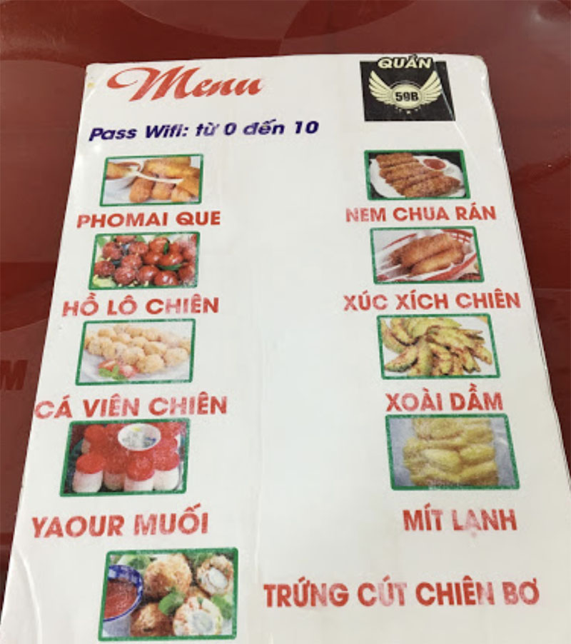 Menu quán đơn giản nhưng khá đầy đủ từ món mặn đến món ngọt, trái cây tráng miệng