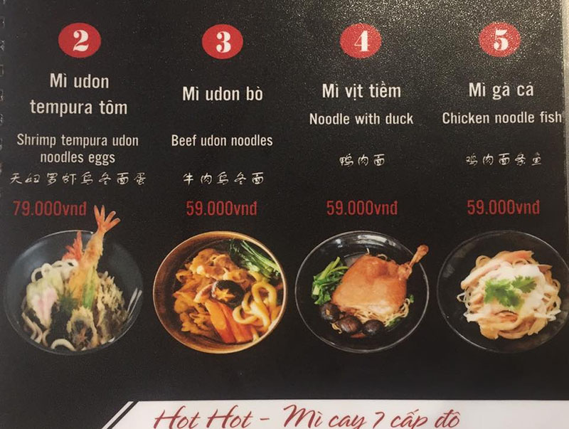 Menu đầy đủ các món mỳ tại Hot Hot