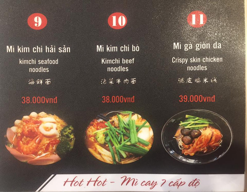 Menu đầy đủ các món mỳ tại Hot Hot