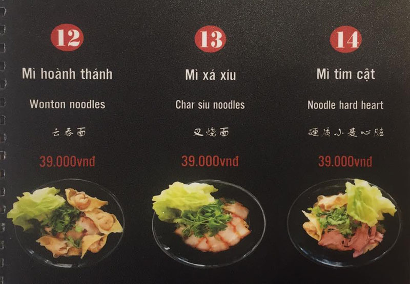 Menu đầy đủ các món mỳ tại Hot Hot