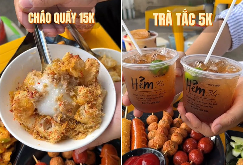 Ấn tượng nhất trong thực đơn của quán ăn vặt Hẻm 34 nhất định phải kể đến “combo ăn no say” chỉ với 20.000 VNĐ bao gồm cháo quẩy và trà tắc