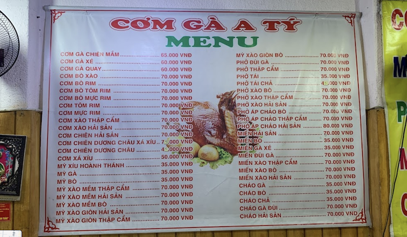 Các món ăn tại quán cơm gà A Tý đa dạng, mức giá bình dân