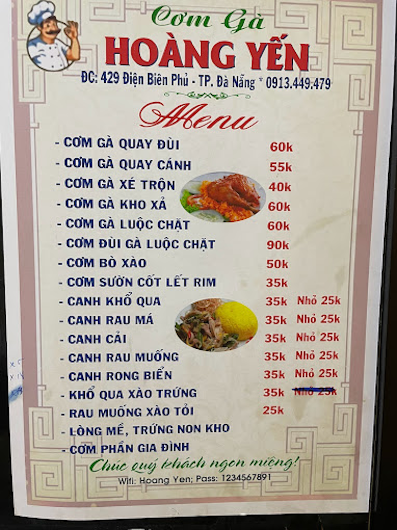 Cơm gà Hoàng Yến có menu đa dạng với giá từ 25.000 VNĐ - 60.000 VNĐ/1 phần