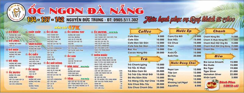 Menu Ốc Ngon Đà Nẵng Nguyễn Đức Trung rất đa dạng