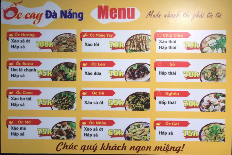 Menu của Ốc cay Đà Nẵng không quá nhiều món nhưng món nào chất lượng món đó