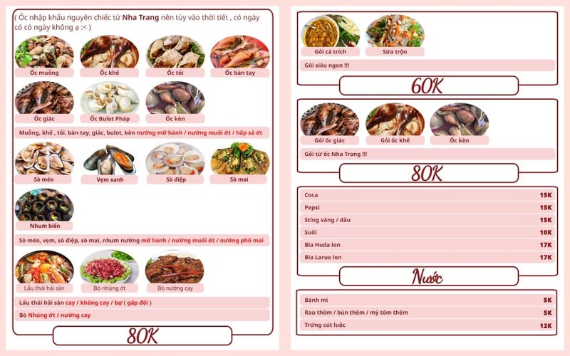 Menu của Quán ốc Quỳnh nè rất đa dạng với nhiều món ăn hấp dẫn