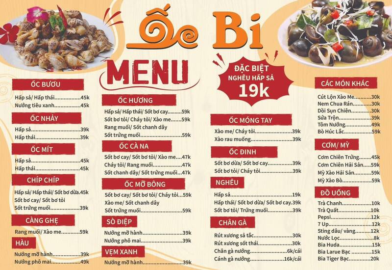 Menu của quán ốc ngon Đà Nẵng rất đa dạng với nhiều món ốc ngon