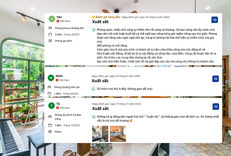 Nắng House Homestay nhận được nhiều lời khen và review tích cực về thiết kế không gian, dịch vụ và thái độ phục vụ