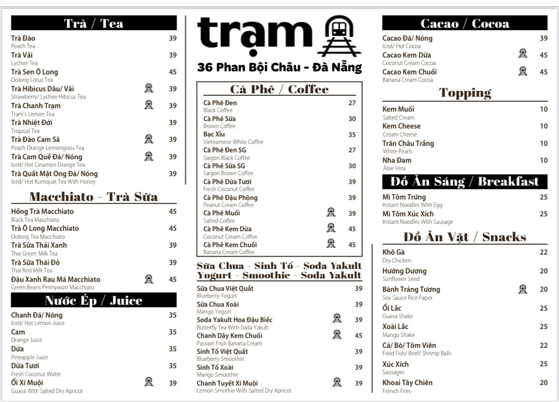 Menu đồ uống tại Trạm đa dạng từ các loại trà, nước ép hoa quả, cà phê, sữa chua…