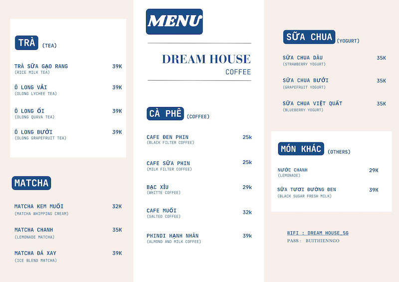 Menu Dream House Coffee đa dạng với đa dạng đồ uống, mức giá phải chăng