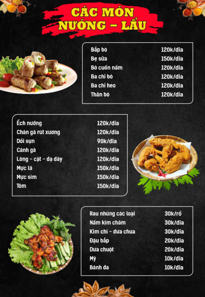 Thực đơn của Buffet ốc Ba Tàu