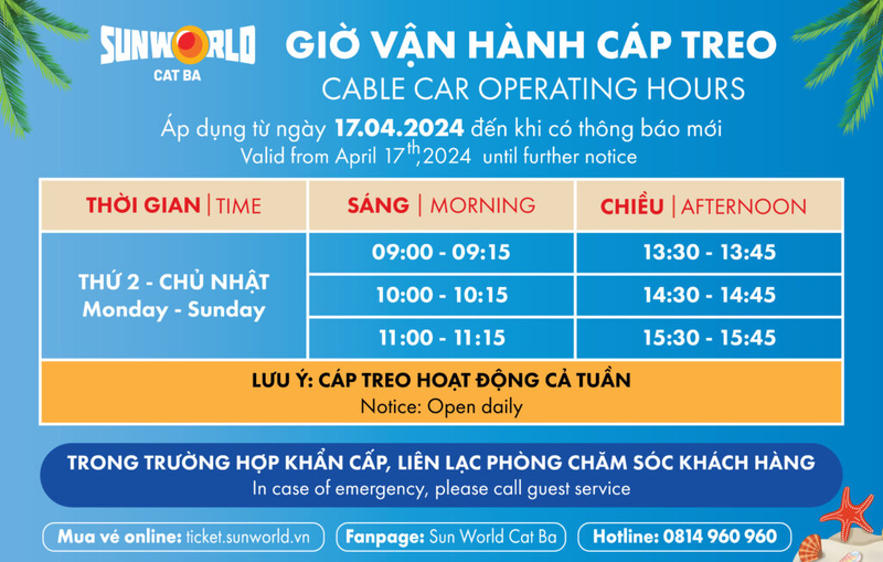 Lịch hoạt động của cáp treo áp dụng từ ngày 17/04/2024 đến khi có thông báo mới