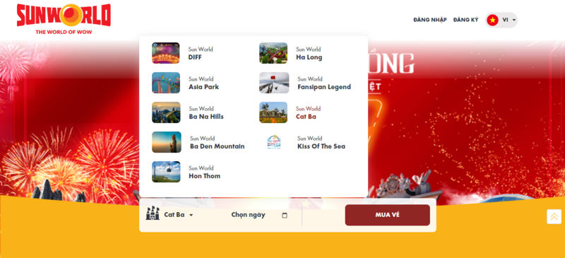 Giao diện website đặt vé cáp treo của Sun World