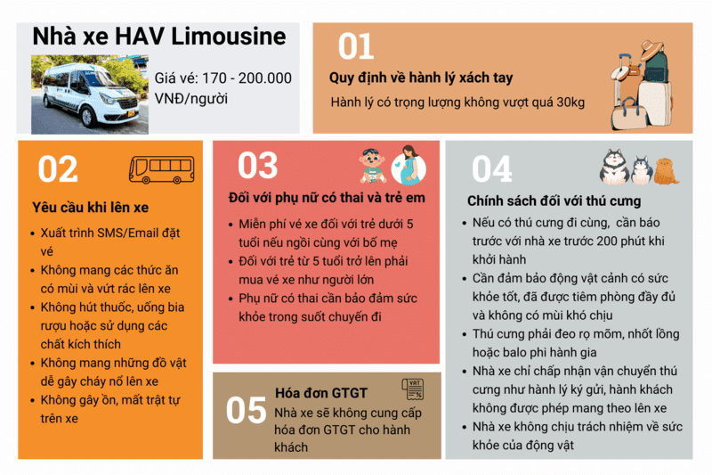 Giá vé xe khách Đà Nẵng – Huế HAV Limousine cập nhật mới nhất 02/2024 là 200.000 VNĐ/người (hỗ trợ đón – trả khách tận nơi)