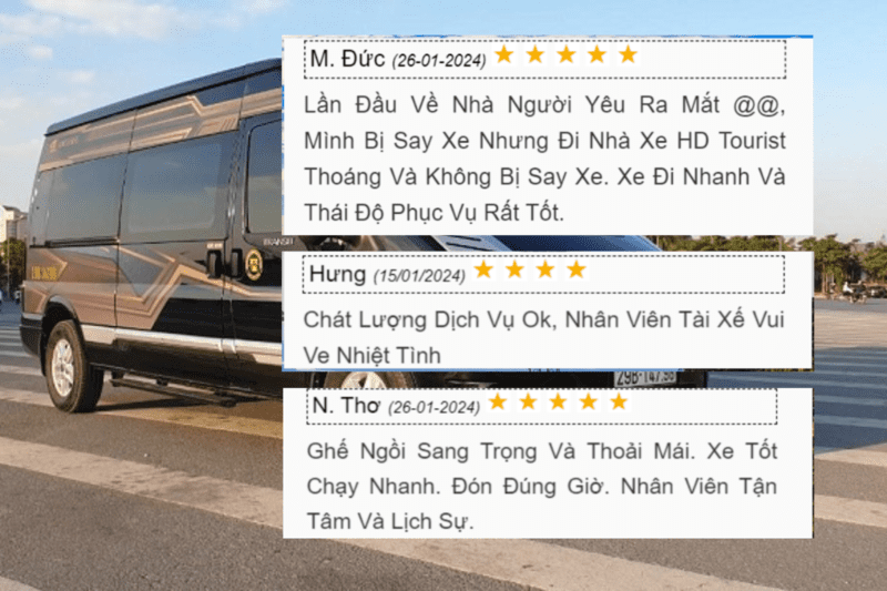 Khách hàng sử dụng dịch vụ xe khách Đà Nẵng Huế tại nhà xe HD Tourist nhận xét tốt về thái độ phục vụ của nhân viên