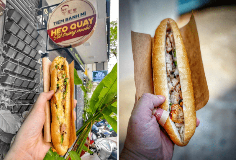 Bánh mì sốt trứng muối Huy Phệ có hương vị mới lạ, kết hợp giữa vị mặn béo của trứng muối và vị đậm đà của thịt quay