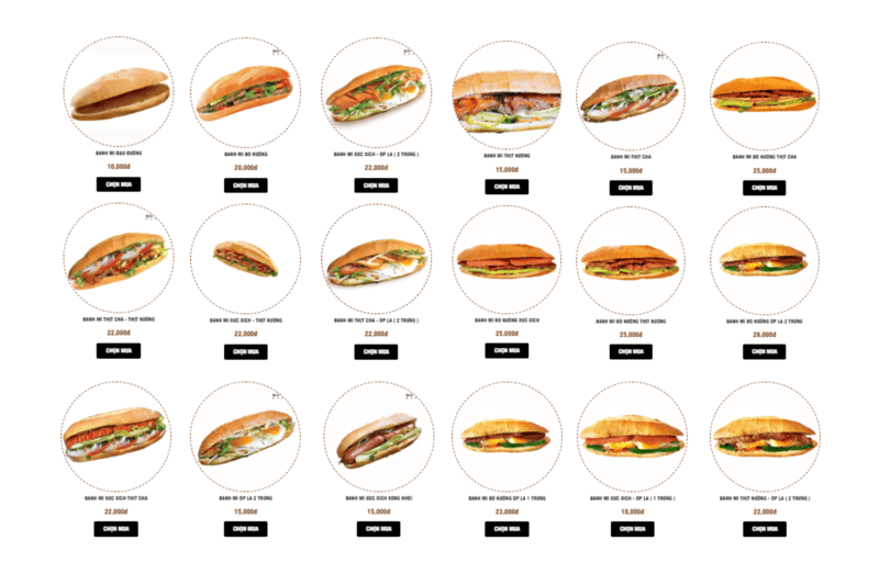 Menu bánh mì Ba Hưng với gần 20 loại bánh mì khác nhau