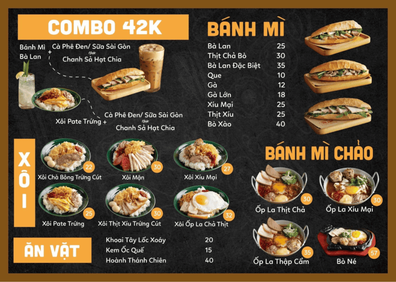 Menu bánh mì bà Lan với nhiều món ăn từ bánh mì truyền thống, xôi mặn và đồ ăn vặt